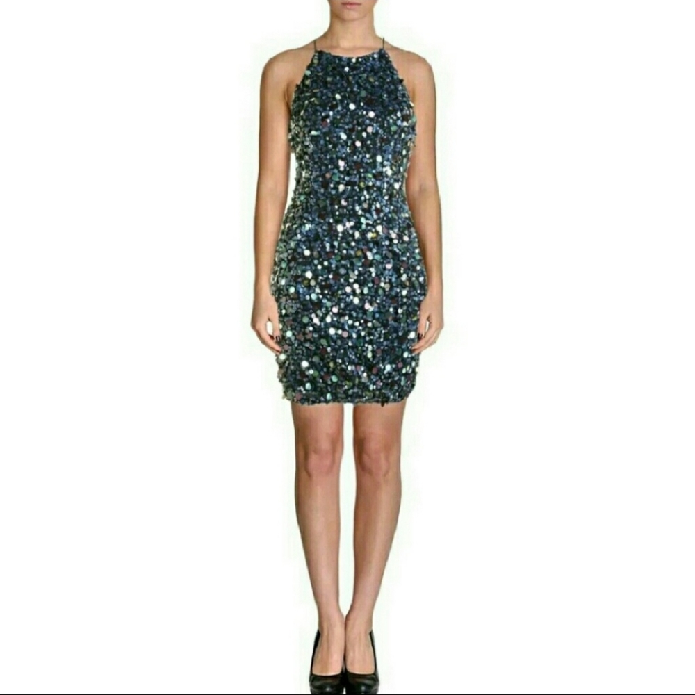 NEW With Tag Bloomingdale's Aqua Black sequined Dress Size 4